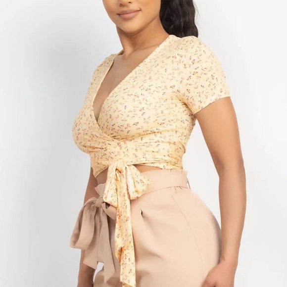 Waist Tie Wrap Plunging Neck Top - Crop top - Tie-waist top - top - Picture 2 of 6